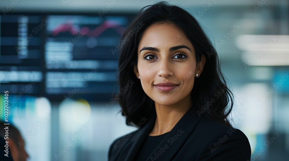 A confident professional woman smiles in a modern office, surrounded by digital displays and a dynamic business environment. A confident professional woman smiles in a modern office, surrounded by digital displays and a dynamic business environment.