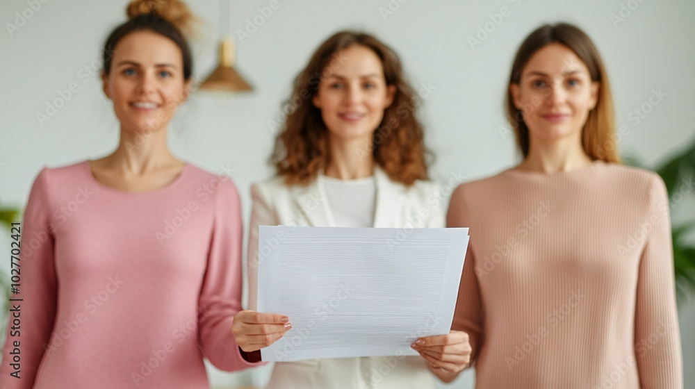 Three women stand together, holding a document, dressed in soft pastel colors, exuding professionalism and collaboration in a modern setting. Three women stand together, holding a document, dressed in soft pastel colors, exuding professionalism and collaboration in a modern setting.