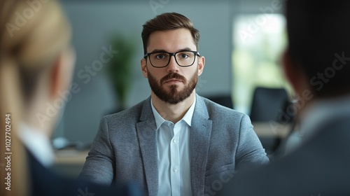 A focused young man in a suit is engaged in a serious conversation with two unseen individuals in a modern office setting.