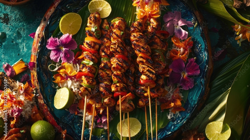 Naklejka premium Grilled Skewers with Vibrant Tropical Garnish