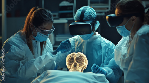 A team of physician doctors uses virtual reality (VR) technology to examine the physical anatomy of a patient. Orthopedic specialists collaborate, diagnosing and studying the human body in detail thro photo