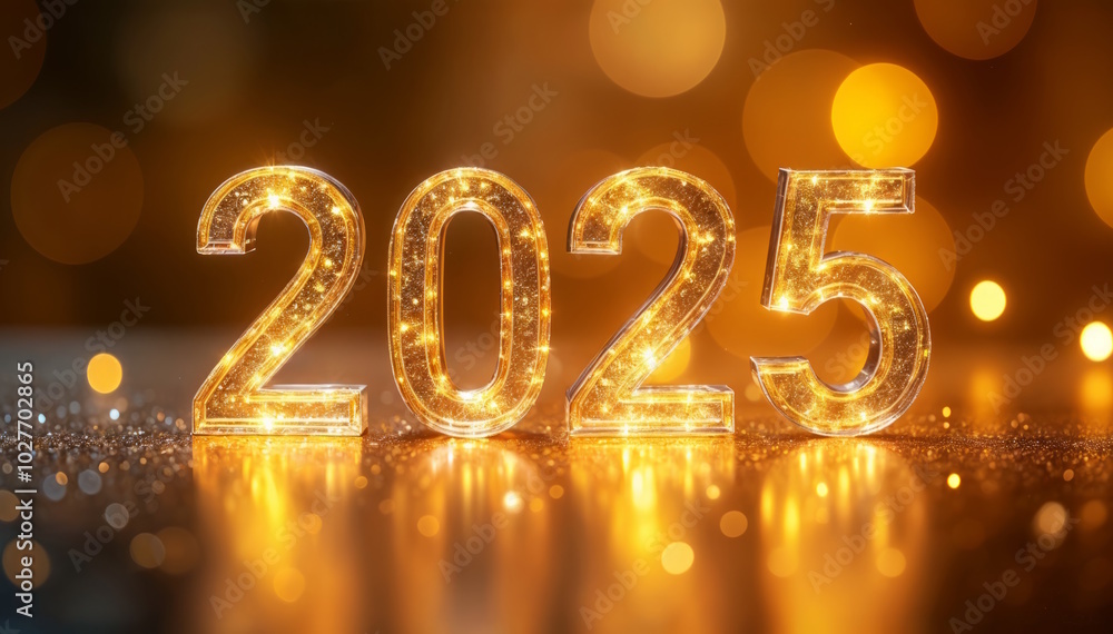 2025 golden glitter text on Christmas blurred background. 2025 golden glitter text on Christmas blurred background.