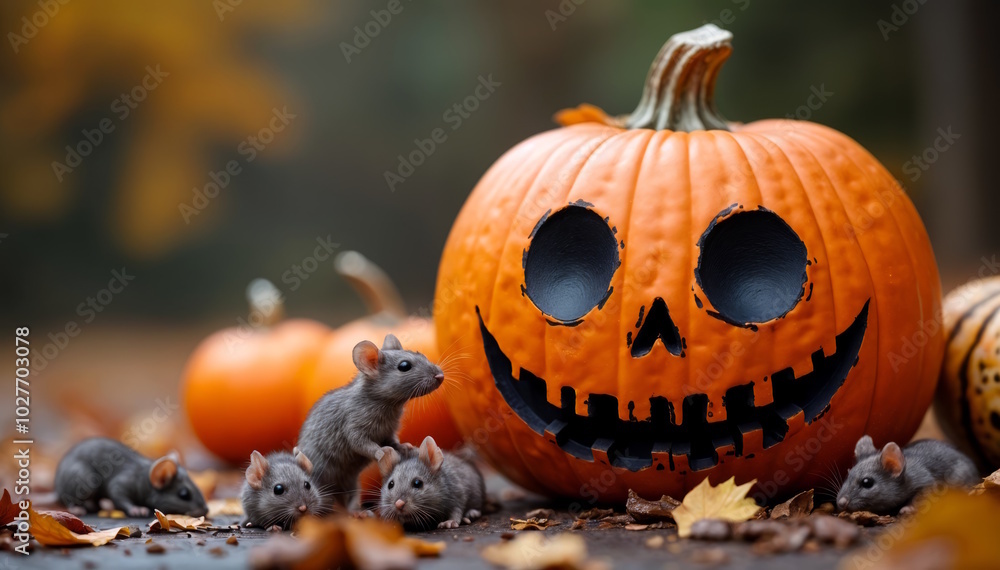 Fototapeta premium Halloween pumpkins with mouses on autumn blurred background,.