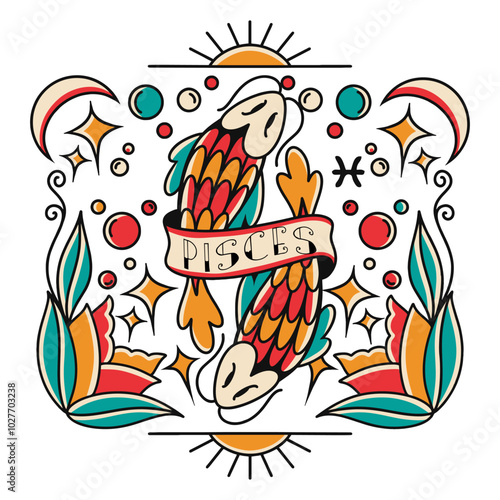 Pisces zodiac vector design, astrology graphic poster, horoscope and constellation t-shirt design, retro tattoo style. Zodiac t-shirt design