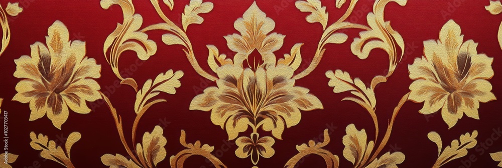 Elegant damask wallpaper featuring intricate floral patterns in deep red and gold hues, perfect for adding luxury to any interior space Elegant damask wallpaper featuring intricate floral patterns in deep red and gold hues, perfect for adding luxury to any interior space