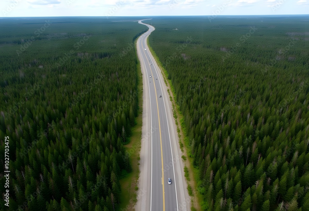 Obraz premium Aerial view of road interchange surrounded by forest in the countryside 