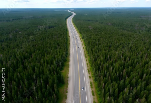 Aerial view of road interchange surrounded by forest in the countryside  photo