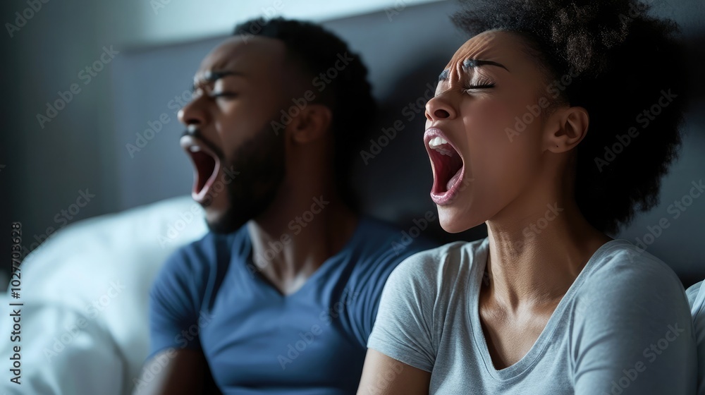Couple yawning and showing signs of tiredness in bed Couple yawning and showing signs of tiredness in bed
