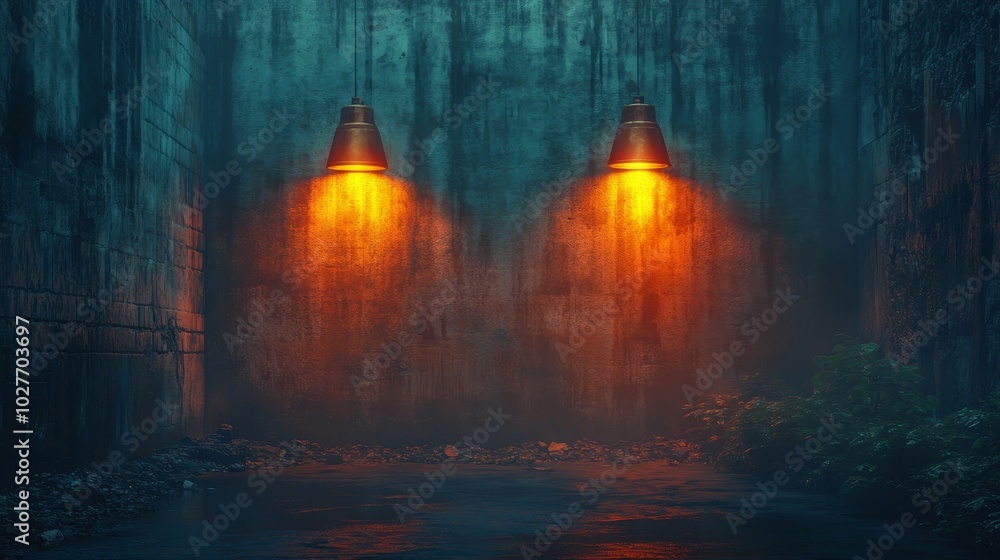Fototapeta premium Two lighted lamps are on a wall in a dark room