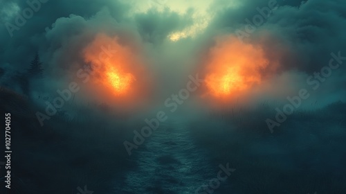 Two glowing eyes in the mist, surrounded by smoke and fire