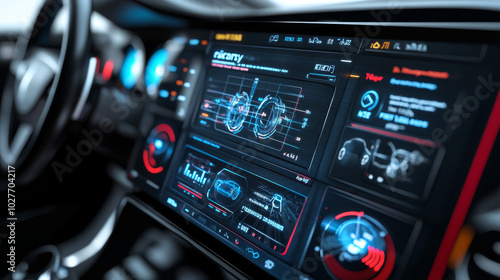 Create a 3D render showcasing the graphical user interface of professional software designed for eco-friendly car development. The program should feature tools for car diagnostics or testing, displayi photo