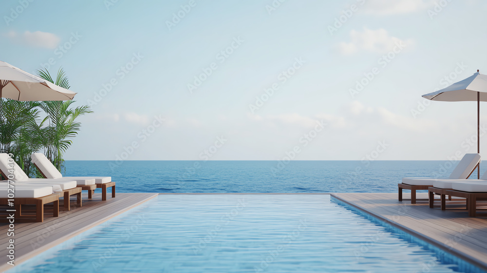 Fototapeta premium A serene infinity pool overlooking a tranquil ocean, surrounded by modern lounge chairs and umbrellas under a clear blue sky, perfect for relaxation and vacation vibes.