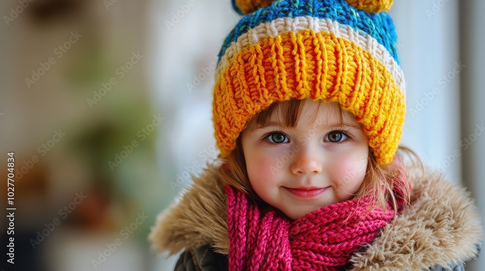 Child in Colorful Knitted Hat and Scarf Smiling Proudly Child in Colorful Knitted Hat and Scarf Smiling Proudly