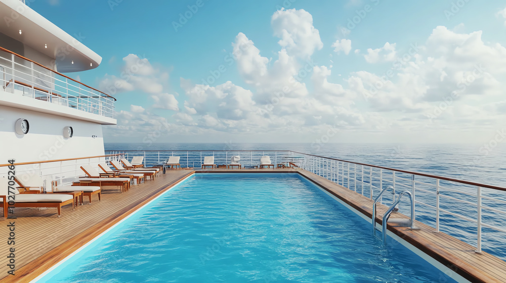 A stunning cruise ship pool area overlooking the serene ocean. Sun loungers line the poolside under a radiant sky with fluffy clouds. Perfect for relaxation and vacation vibes.