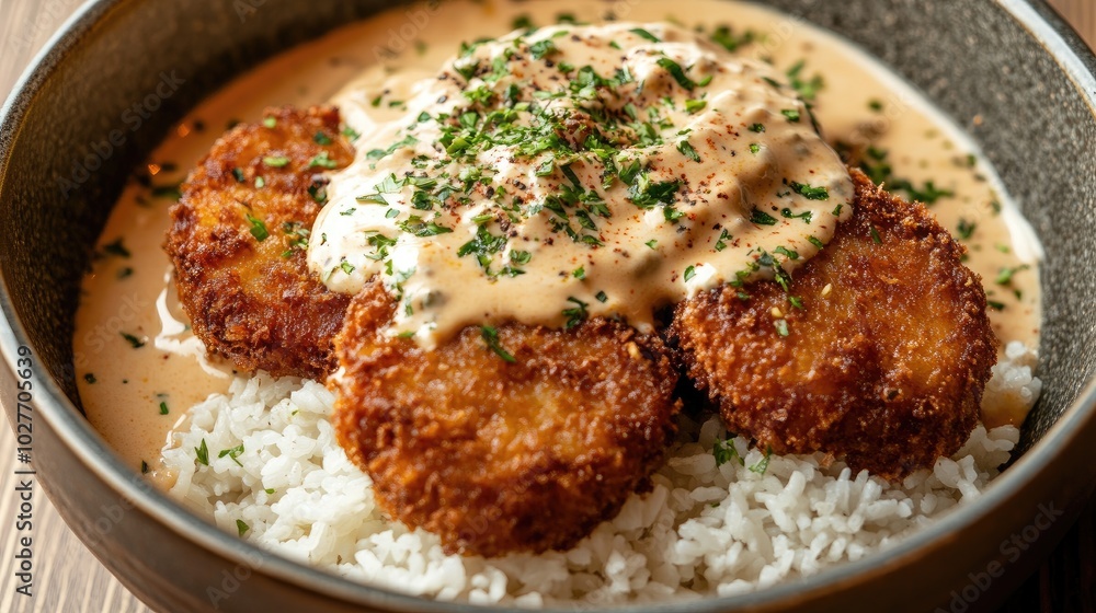 Crispy Fried Patties with Creamy Sauce over Rice Crispy Fried Patties with Creamy Sauce over Rice