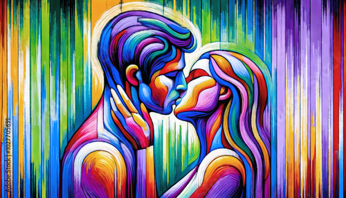 A vibrant abstract painting of a couple sharing a passionate kiss, filled with bold, swirling colours and dynamic lines, capturing emotion, connection, and love in a stylized, modern art form.