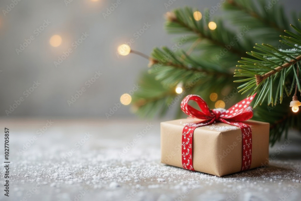 Gift box with red silk ribbon bow and green fir branches with garland lights on wooden table with white snow. Christmas and New Year holiday. Festive background copy space. Gift box with red silk ribbon bow and green fir branches with garland lights on wooden table with white snow. Christmas and New Year holiday. Festive background copy space.