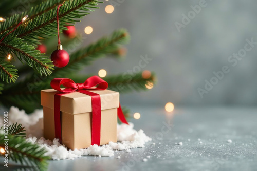 Close-up of gift box with red silk ribbon bow and green fir branches with garland lights. Christmas and New Year holiday celebration. Festive background with copy space.