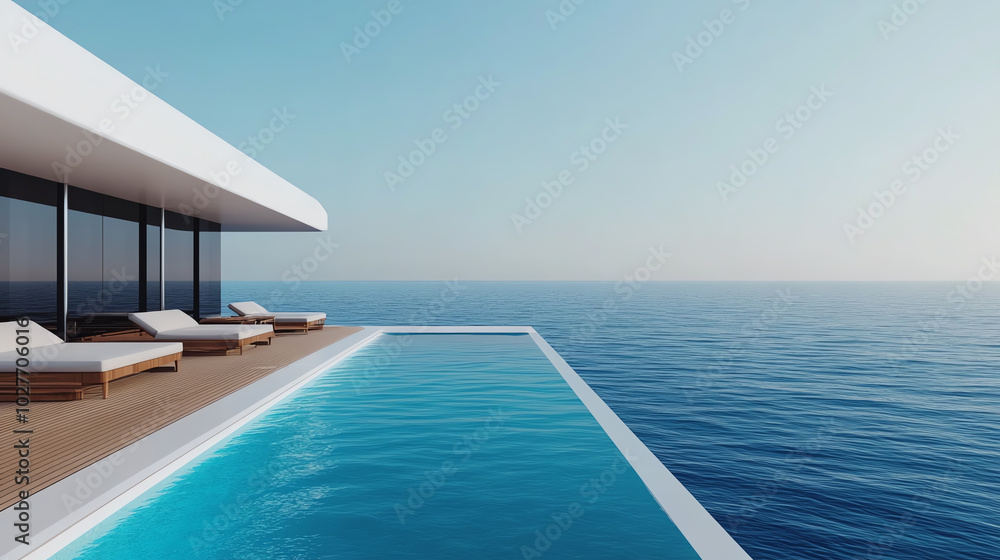 Fototapeta premium Modern infinity pool overlooking the ocean at a luxurious villa, featuring a minimalist design and serene atmosphere, perfect for relaxation and leisure.