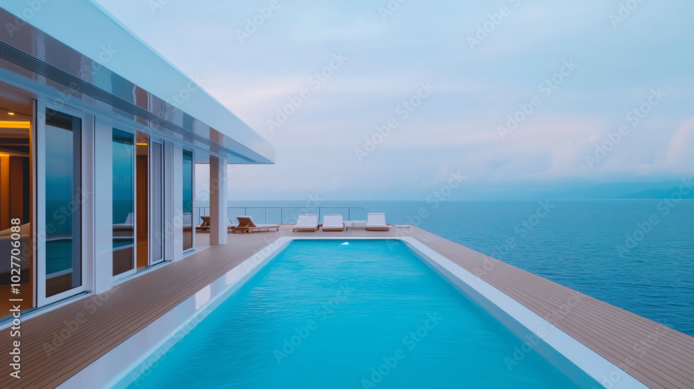 Fototapeta premium Modern luxury villa with a stunning infinity pool overlooking the ocean during twilight, creating a serene and tranquil atmosphere for relaxation and leisure.