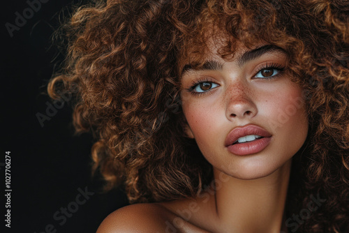 Woman with curly hair and blue eyes gazing at a sunset over the ocean, a serene expression on her face, wind gently tousling her hair.