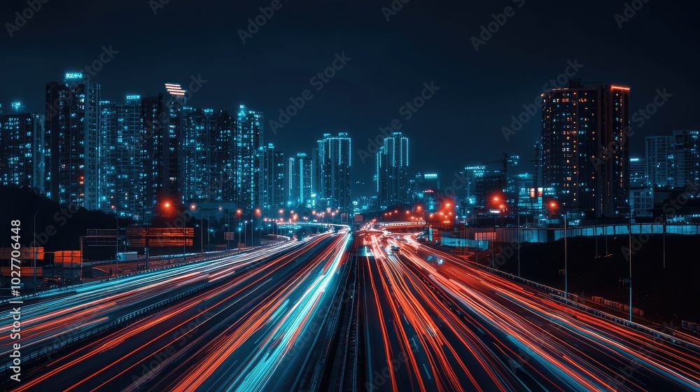 Fototapeta premium Nighttime City Lights and Traffic Flow Scene