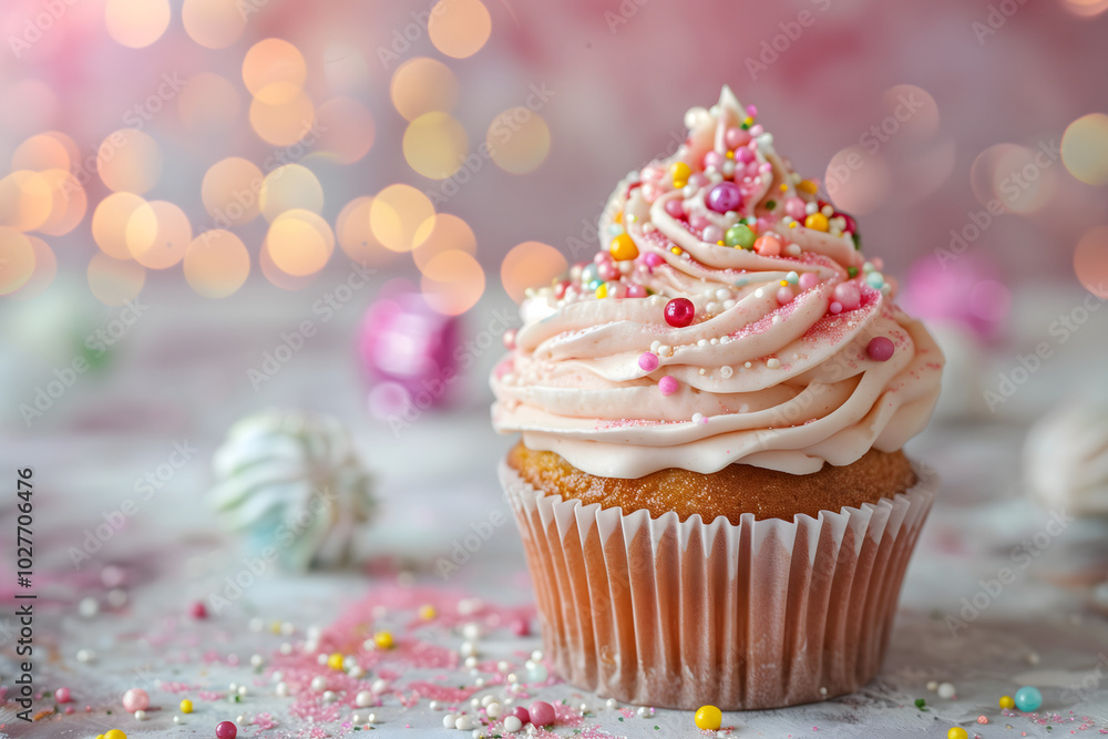 Delicious birthday cupcake on a table with bokeh background. High quality photo Delicious birthday cupcake on a table with bokeh background. High quality photo