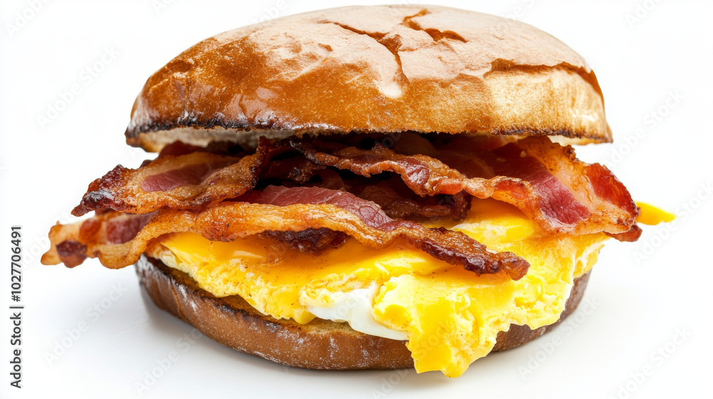 A large breakfast sandwich filled with crispy bacon and melted cheese, beautifully displayed against a white background.
A large breakfast sandwich filled with crispy bacon and melted cheese, beautifully displayed against a white background.