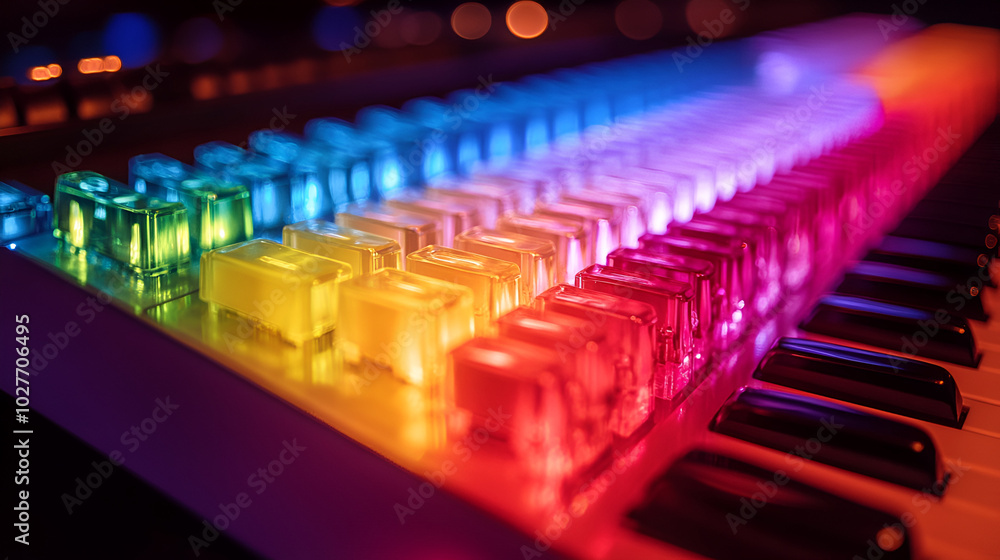 Fototapeta premium A colorful illuminated keyboard creates a vibrant atmosphere for music production in a studio setting during the evening