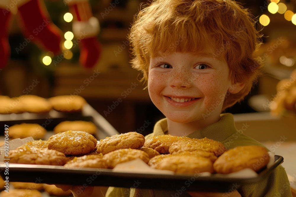 Young boy with red hair smiling while holding a tray of delicious cookies in a decorated kitchen Young boy with red hair smiling while holding a tray of delicious cookies in a decorated kitchen