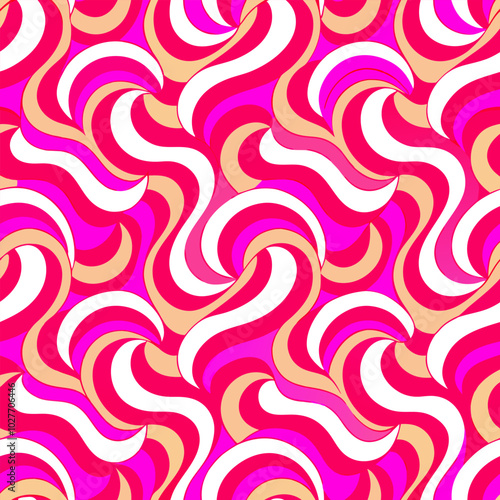 Pink psychedelic seamless pattern featuring retro 70s, 90s, and 00s styles. Groovy waves and abstract geometric textures perfect for textiles, paper, and fabric designs. Bold and vibrant look. photo