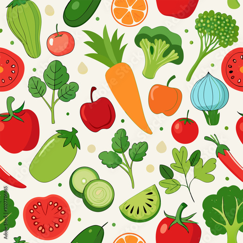 Seamless pattern of hand-drawn red and green fruits, berries, and vegetables.