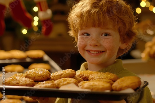 Young boy with red hair smiling while holding a tray of delicious cookies in a decorated kitchen