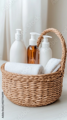 Elegant Scandinavian-style woven basket filled with spray bottles and a plush towel on a light wooden floor