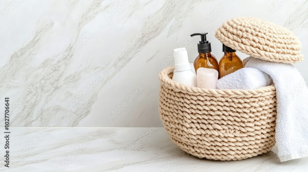 Elegant Scandinavian-style woven basket filled with spray bottles and a plush towel on a light wooden floor Elegant Scandinavian-style woven basket filled with spray bottles and a plush towel on a light wooden floor