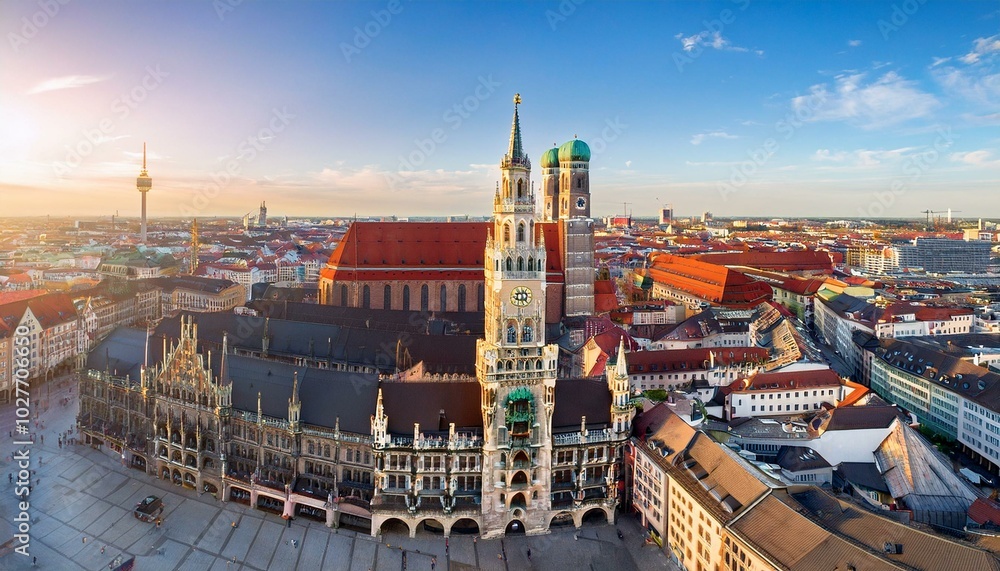Fototapeta premium aerial view of munchen at spring marienplatz new town hall and frauenkirche