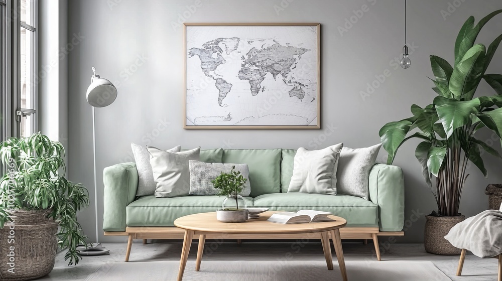 Cozy living room with a map, plants, and modern decor. Cozy living room with a map, plants, and modern decor.