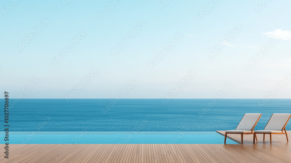 Tranquil view of an infinity pool overlooking the ocean, with two lounge chairs inviting relaxation under a clear blue sky. Perfect for vacation and leisure themes. Tranquil view of an infinity pool overlooking the ocean, with two lounge chairs inviting relaxation under a clear blue sky. Perfect for vacation and leisure themes.