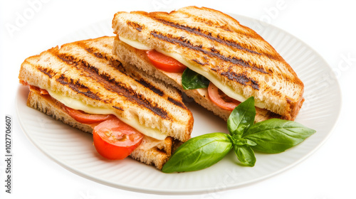 A grilled turkey panini with basil and provolone cheese, elegantly presented on a plate and isolated against a white background. The toasted sandwich showcases melted cheese and fresh ingredients.