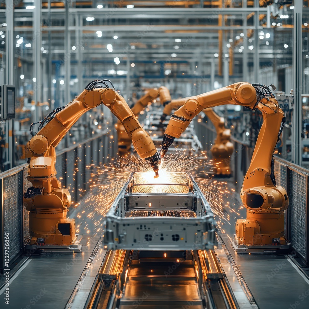 robots working in a factory with metal parts robots working in a factory with metal parts