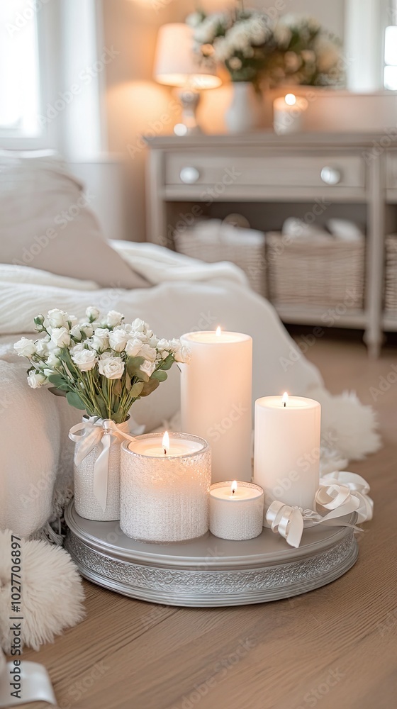 Elegant minimalist candelabra with white candles and flowing tulle ribbons in a serene dark setting Elegant minimalist candelabra with white candles and flowing tulle ribbons in a serene dark setting
