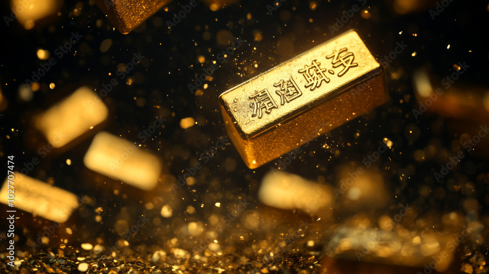 A stunning scene of a gold ingot or Chinese money bar, symbolizing wealth and prosperity, floating through the air with dust particles trailing behind. The Yuanbao gold bar moves gracefully toward a c A stunning scene of a gold ingot or Chinese money bar, symbolizing wealth and prosperity, floating through the air with dust particles trailing behind. The Yuanbao gold bar moves gracefully toward a c