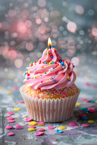 Delicious birthday cupcake on a table with bokeh background. High quality photo