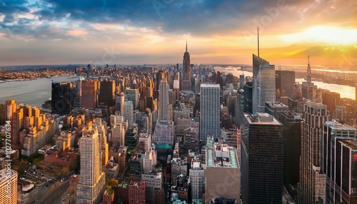 aerial view of new york city manhattan at sunset