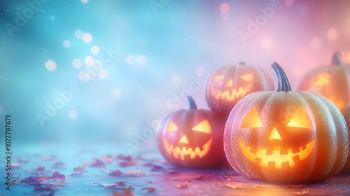 Group of Glowingly Carved Jack-o'-Lanterns in Autumn