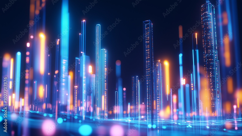 A high-tech city filled with transparent, holographic skyscrapers connected by glowing data lines. The vibrant blue and orange lights highlight the flow of information through the A high-tech city filled with transparent, holographic skyscrapers connected by glowing data lines. The vibrant blue and orange lights highlight the flow of information through the