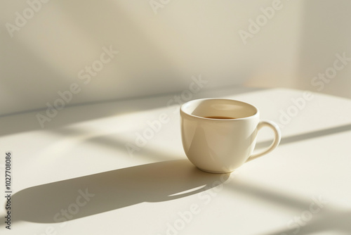 Single coffee cup on plain white table