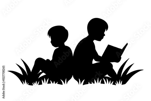 Siblings sitting in the grass and reading book Silhouette | vector silhouette illustration on white background