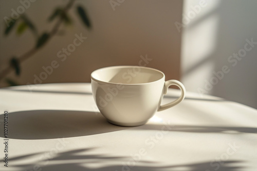 Single coffee cup on plain white table