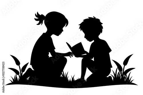 Siblings sitting in the grass and reading book Silhouette | vector silhouette illustration on white background